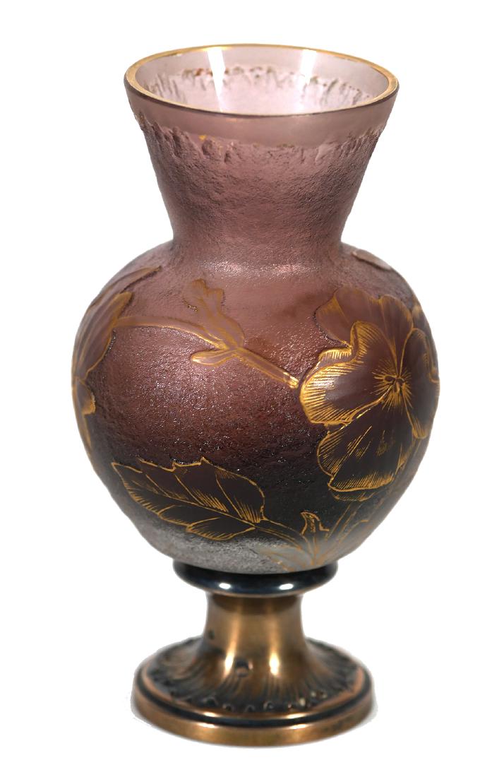DAUM Nancy France Cameo Art Glass Vase: Antique signed Daum Nancy Art Nouveau cameo glass vase with gilt sterling silver base. Measures 4-1/2" high.