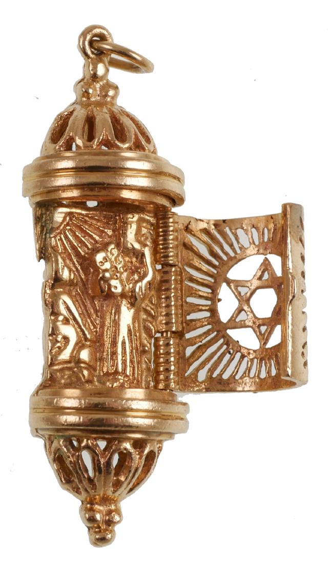 JUDAICA 14k Gold MEZUZAH Pendant w Moses: Heavy 14k yellow gold pendant. Hinged door opens to reveal relief depiction of Moses with the tablets. 1-1/2" high. Weighs 10.6 grams.