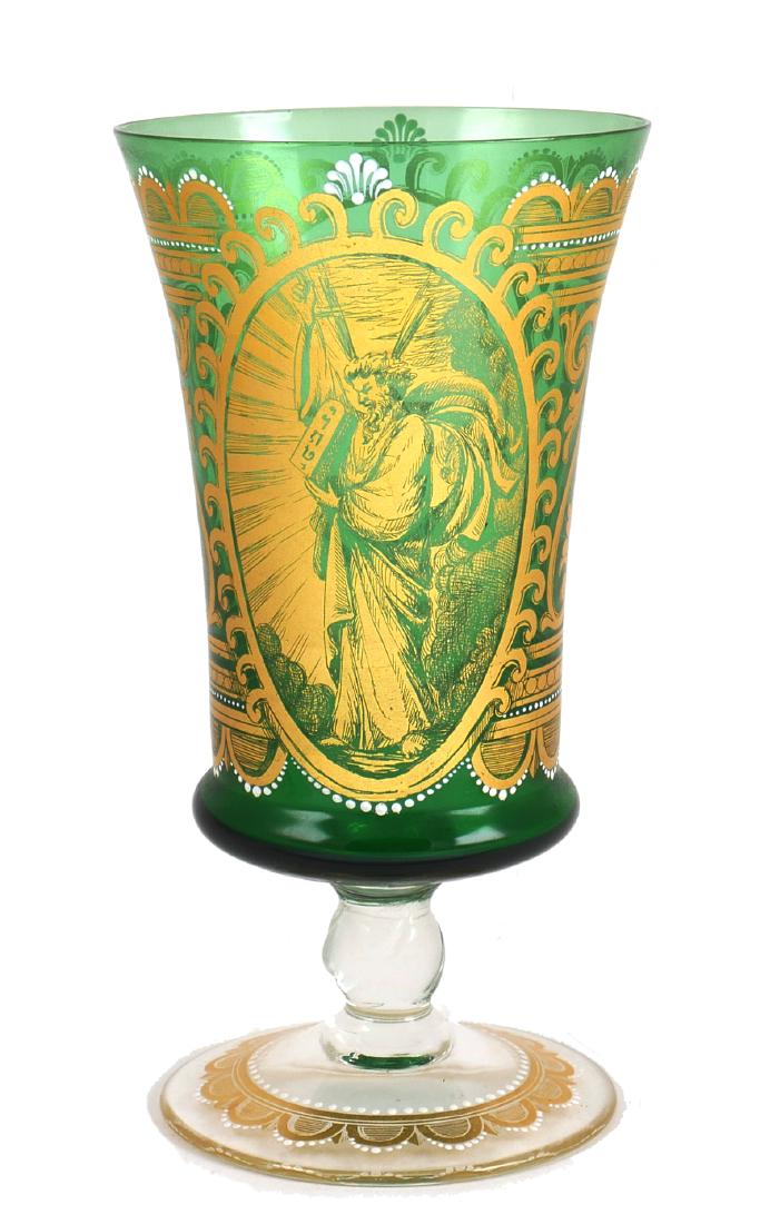 JUDAICA Art Glass Moses Footed Chalice: Antique glass vase or goblet in the style of Moser, likely Continental. Handpainted, depicting Moses on one panel and the tablets, the Star of David and a menorah on the opposite side. No damage. Meas