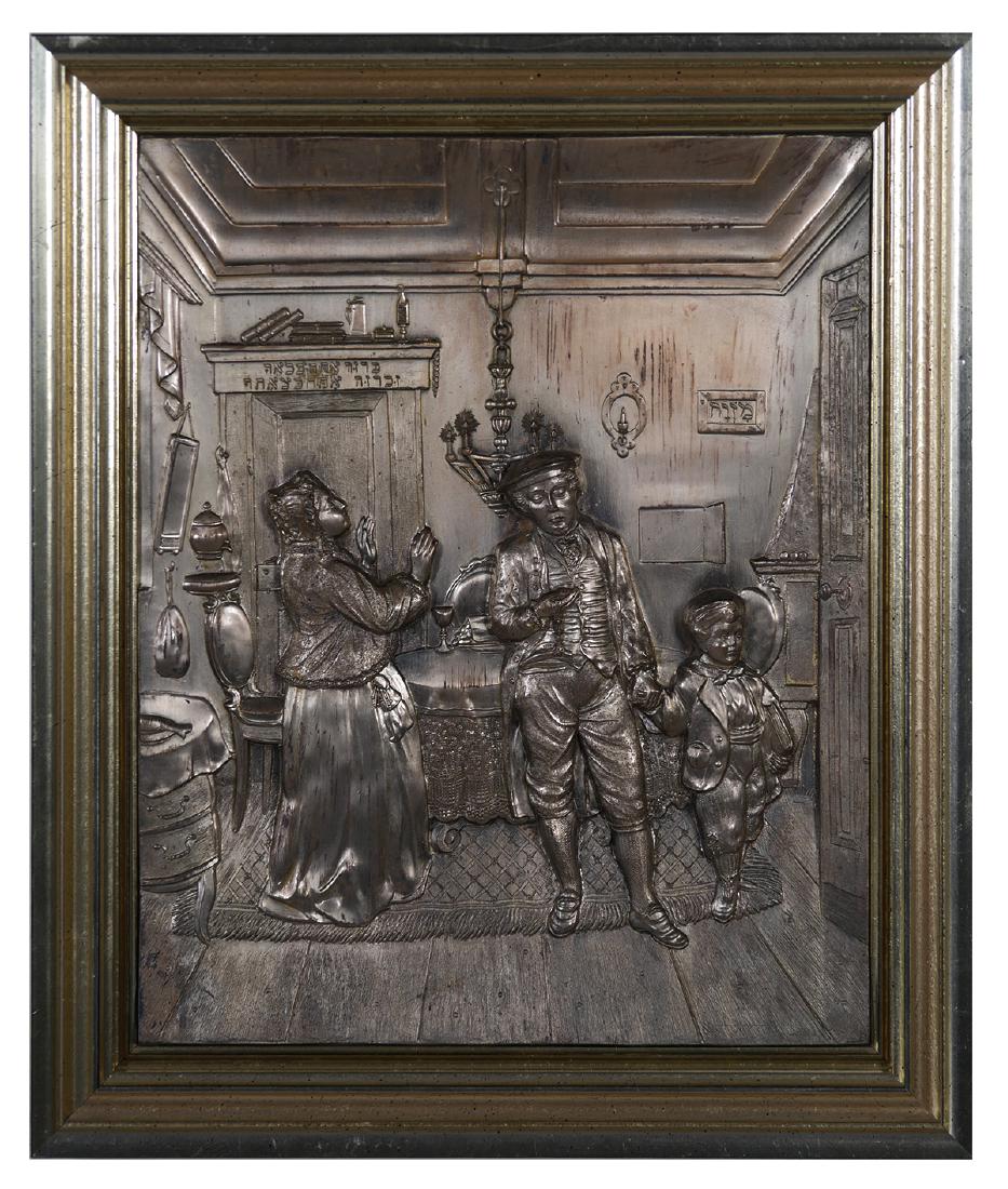 JUDAICA 19C Moritz Daniel OPPENHEIM Relief: Antique cast white metal relief of a painting by Oppenheim (German, 1800-1882) titled "Ushering in the Sabbath." From Maas Brothers founder's estate. Plaque is 11-1/2" x 9-1/4" in 14" x 11-3/4" frame.