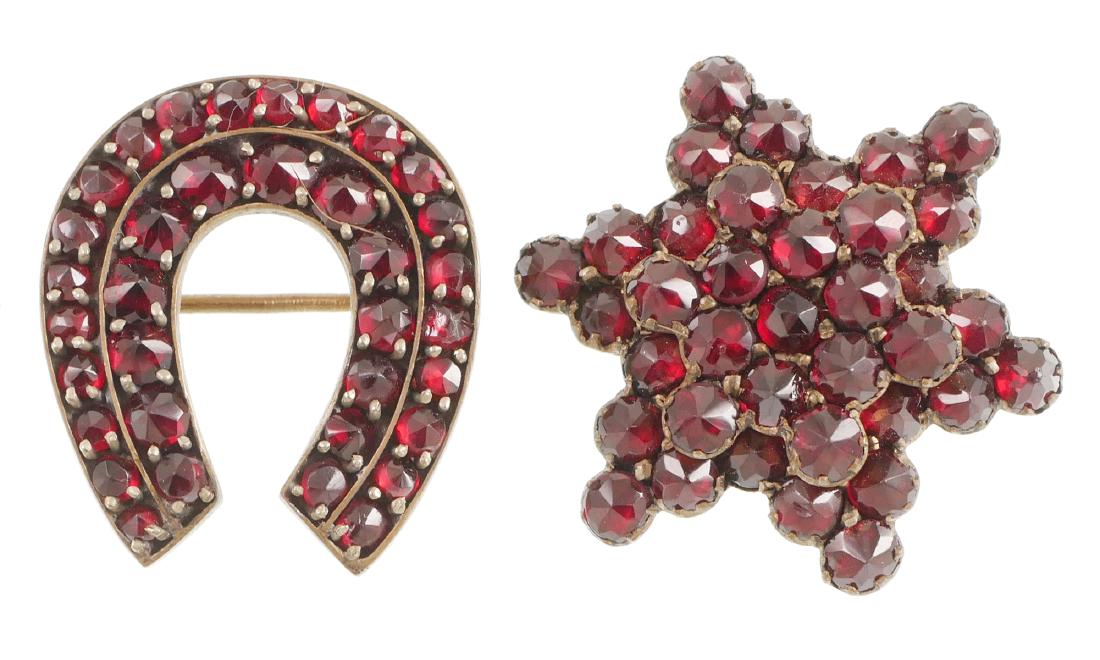 Two Antique GARNET Pins: Two Edwardian era garnet pins, including a six-pointed star and a horseshoe. About 1-1/8" and 1-1/4".