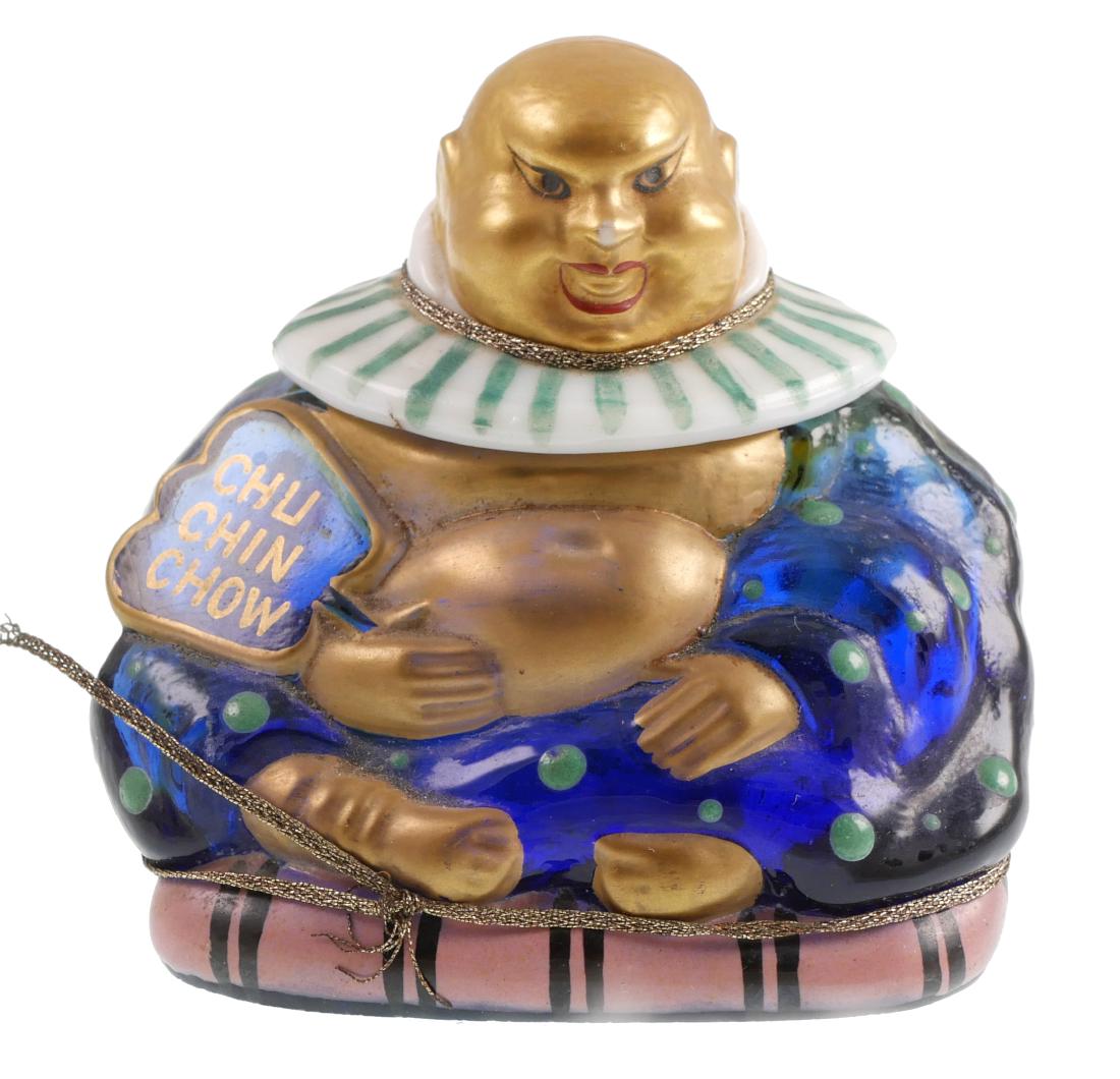 1920 CHU CHIN CHOW Bryenne Paris Perfume Bottle: Exceedingly rare French art glass perfume bottle. Made circa 1920. Milk glass lid with cobalt base. All handpainted. Bottom etched "Bryenne Paris." Glass lid has surface fracture, and neck of bottle b