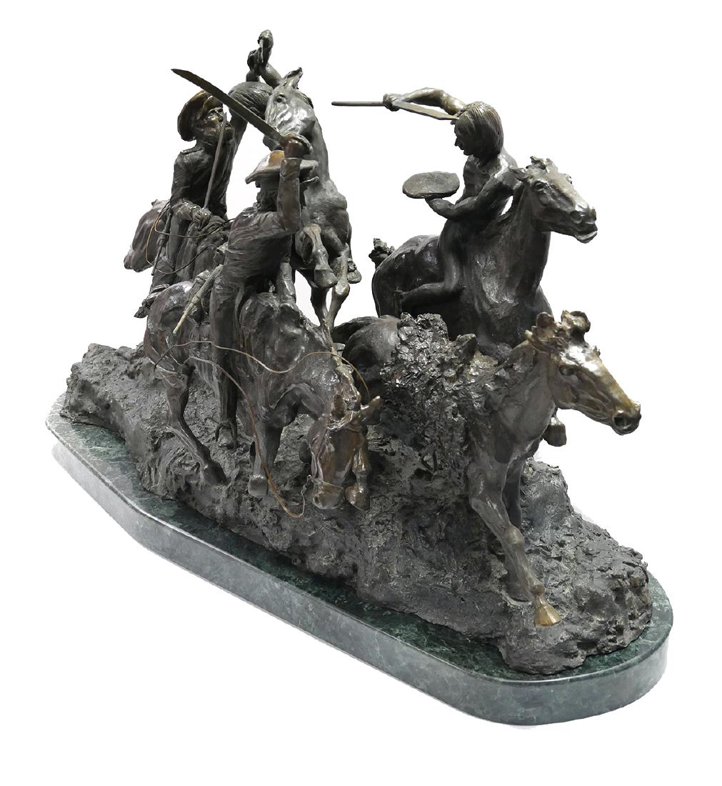 Large Frederic REMINGTON, Old Dragoons Bronze: Bronze statue of a group on horseback, after Frederic Remington (American, 1861-1909), signed in the cast "Copyright by Frederic Remington." Measures 44" wide by 25" tall, marble plinth included.