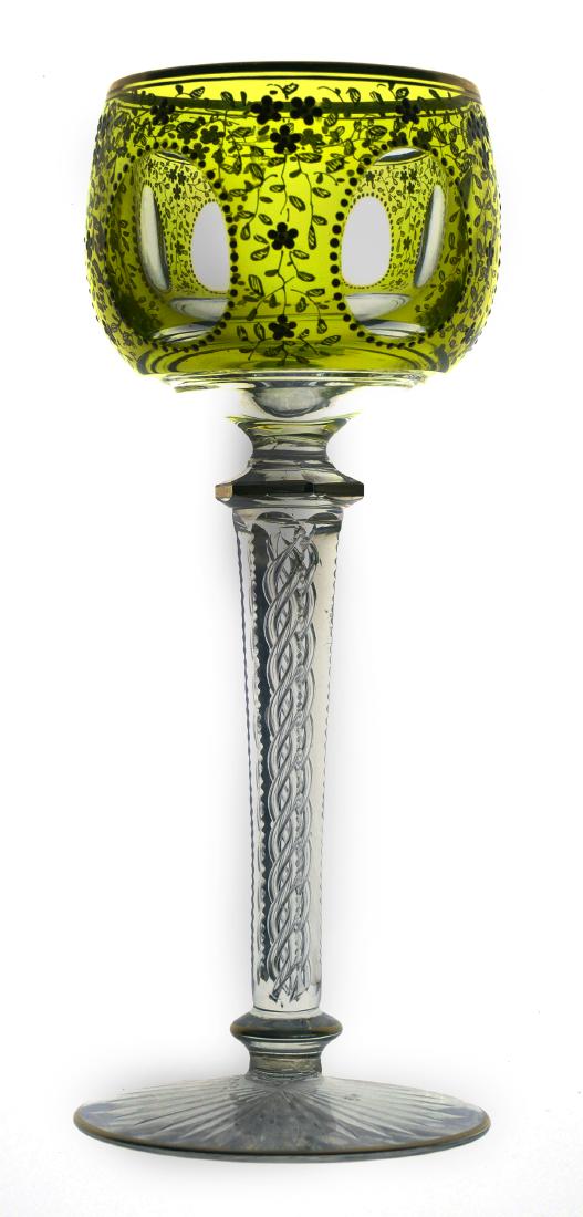 MOSER Cut Glass Hock Wine Stem: Unsigned, attributed to Moser. Measures 7-1/4" high. Stem has blown helix in center of serrated-edge facets. Cut to clear bowl. Exceptionally fine piece.