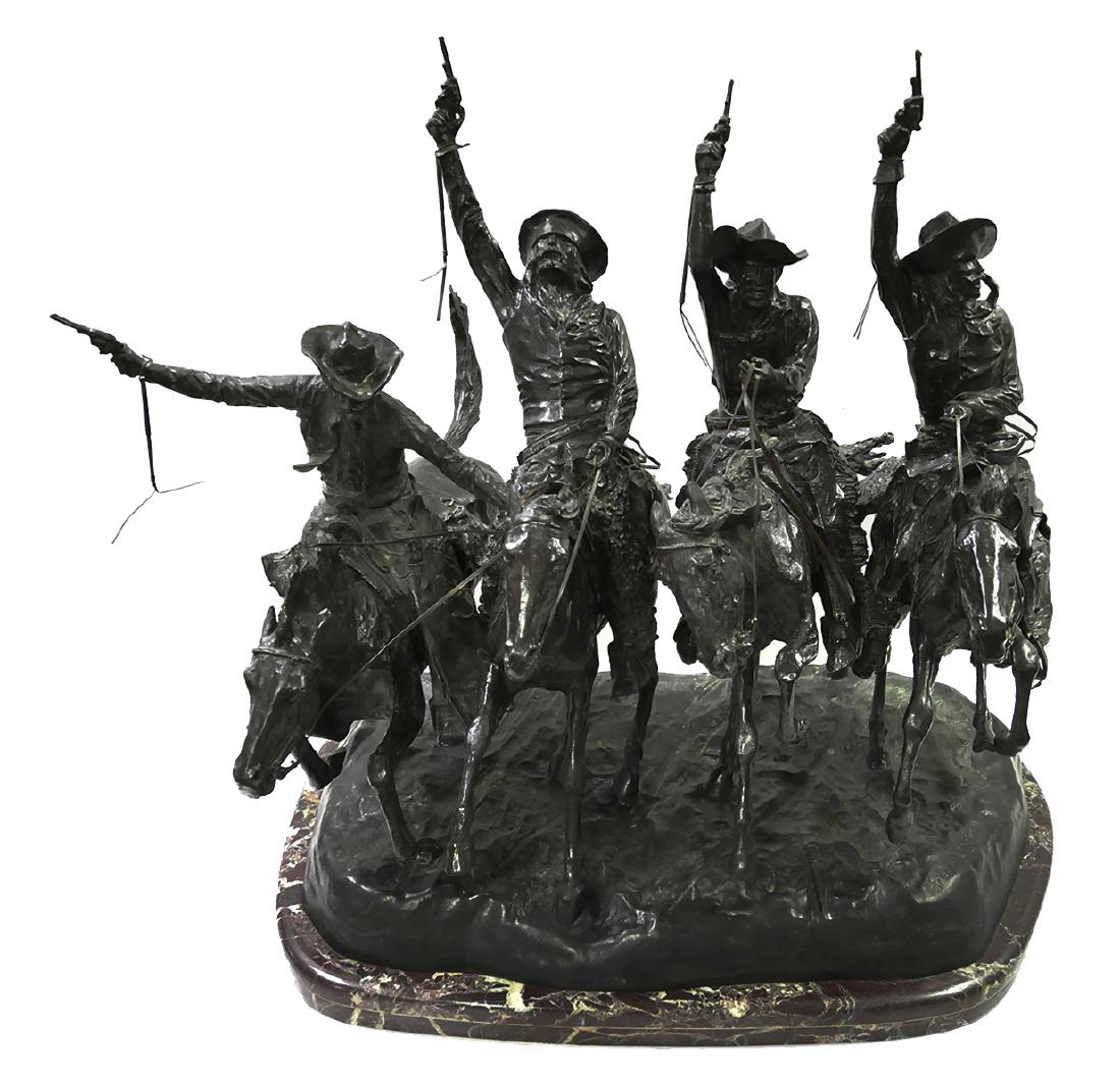 Large FREDERIC REMINGTON, Cowboy Bronze: Bronze statue of a group on horseback, titled "Coming Through the Rye," after Frederic Remington (American, 1861-1909), signed in the cast "Frederic Remington." Measures 29" x 35" x 28", marble plinth