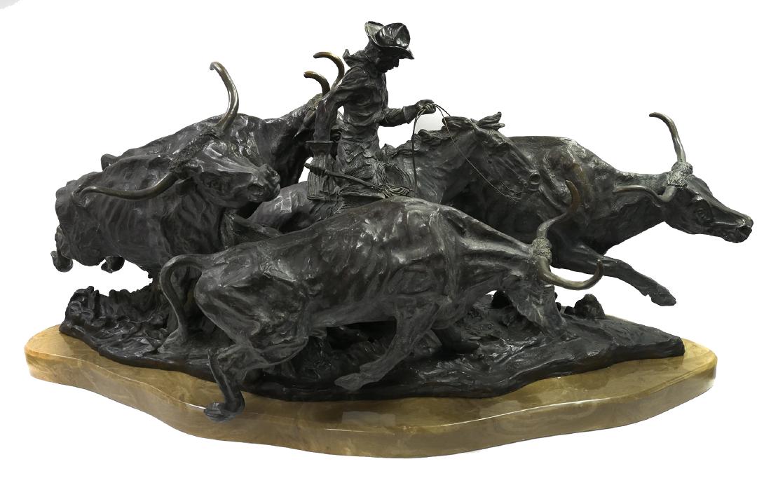 Large Frederic REMINGTON, Stampede Bronze: Bronze statue of a cowboy driving a group of cattle, after Frederic Remington (American, 1861-1909), signed in the cast "Copyright by Frederic Remington." Measures 50" wide by 21 1/2" tall.