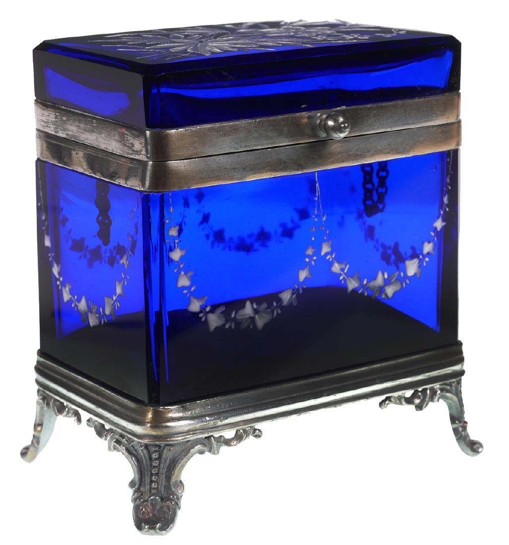 Mary Gregory Style Blue Glass Casket Box: Meriden Silverplate Co. rectangular cobalt glass casket box with white enamel Mary Gregory style design as well as quadrupleplate feet and fittings. Measures 5" x 4" x 2 1/2".