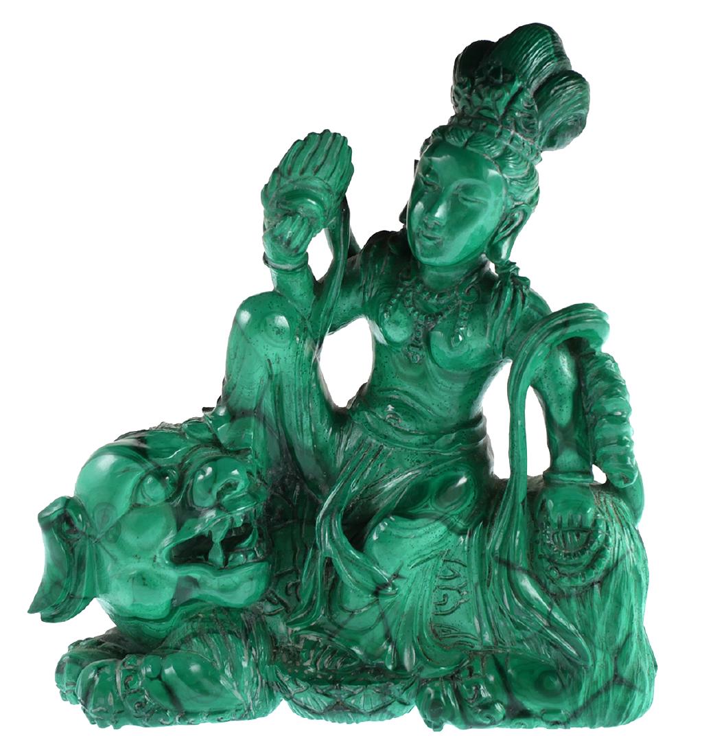 Chinese Malachite Statue of a Woman: Carved malachite statue of a woman with a foo lion. Measures 4 1/2" tall.