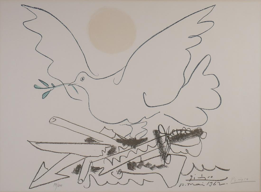 PABLO PICASSO, Dove w/ Sun Lithograph: Lithograph in colors by Pablo Picasso (Spanish, 1881-1973) titled Colombe au Soleil (Dove with Sun).Shows dove with olive branch above a cache of broken weapons. Signed in the plate at lower right and