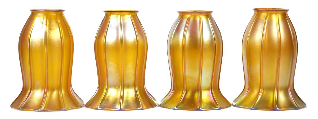 QUEZAL 4 Iridescent Art Glass Shades: Four signed Quezal art glass shades, each one in very fine condition. Shades measures about 6" high. Flanges are about 2-1/4" diameter. Two of the flanges have only the slightest edge roughness. These
