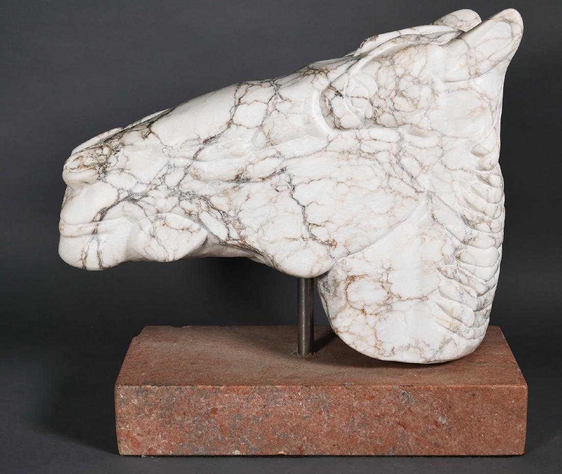 Modern Horse Head Marble Sculpture: Modernist style horse head carved marble statue. Signed "C. Saunders" with carved eye. Removable from metal post of marble base. Measures 13 1/2" high x 16" long x 4 1/2" wide.