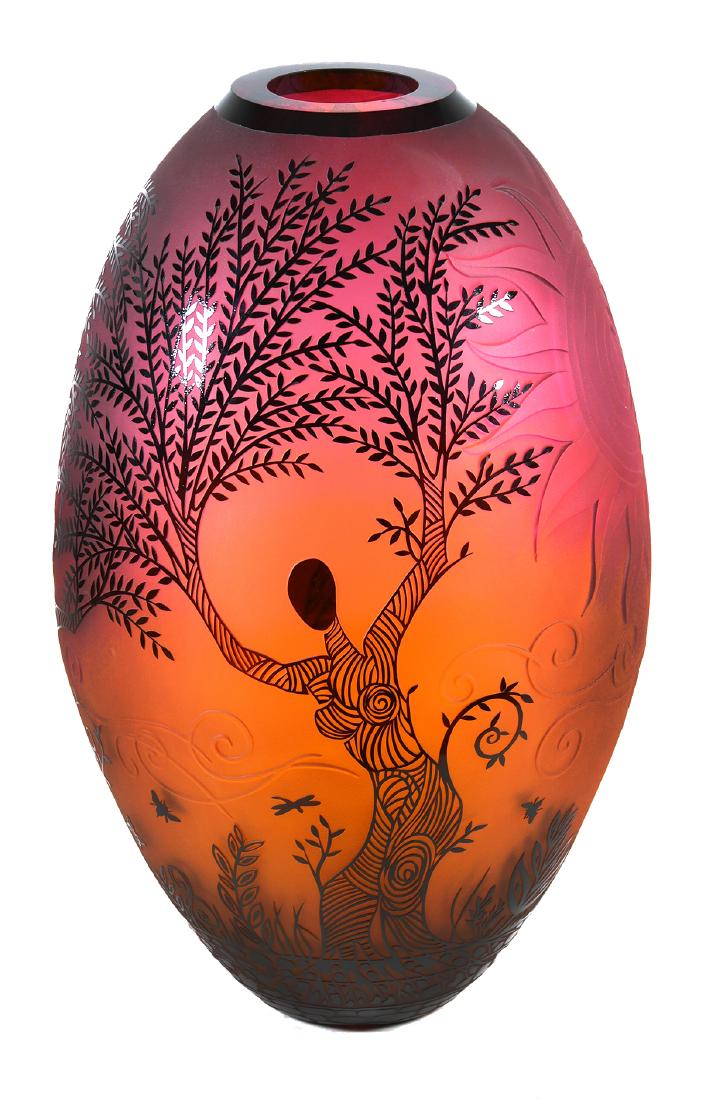 DUNCAN MCCLELLAN, Tree of Life Glass Vase: Large red blown and etched red glass vase from the "Tree of Life" series by Duncan McClellan (American, 20th Century). Etch signed under base. Measures 22 1/2" tall.