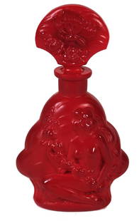 1920s Czech Red Art Glass Nude Perfume: Vintage 1920s Art Deco sculpted art glass perfume bottle, not molded, with faint "Czecho Slovakia" oval mark on bottom (used from 1918-1938). Depicts on both sides a seated nude woman holding a garlan