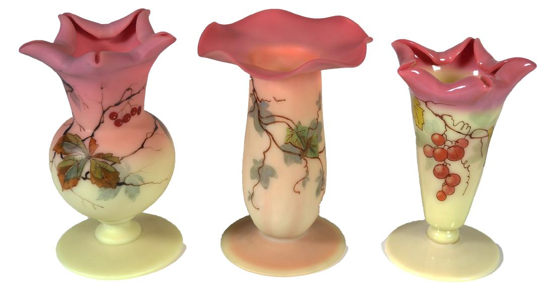 BURMESE Glass (3), incl Thos WEBB Signed: Three antique Burmese glass cabinet vases, including at least two signed with Thomas Webb & Sons mark. Webb signed pieces have crimped edges and measure about 4-1/2 to 4-3/4" high. All in fine, undama