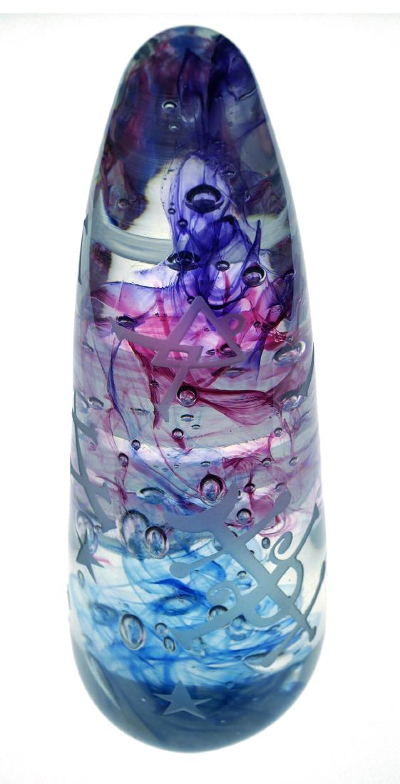 DUNCAN MCCLELLAN, Alchemy Etched Paperweight: Tall conical paperweight in clear, purple, blue and red blown glass by Duncan McClellan (American, b. 1967). Etched with Alchemy series figures and featuring a running man image from the Men-a-morphos