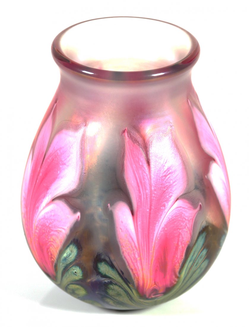 DANIEL LOTTON Iridescent Floral Vase: Measures 6-1/2" high. No damage.