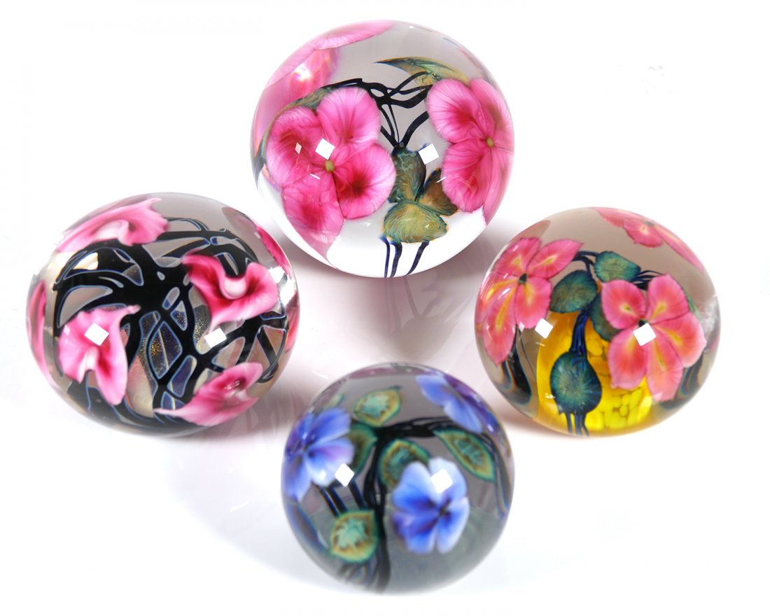 LOTTON STUDIO Paperweights (4): Four Lotton family paperweights, signed John (1992), Jeremy, David and Daniel. Largest (by Jeremy, dated 2007) measures about 4-1/2" diameter. No damage.