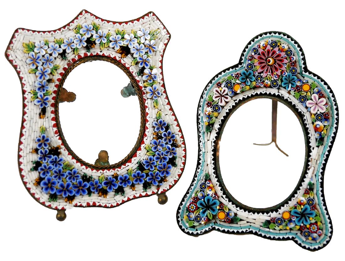 2 Old ITALIAN MICROMOSAIC Picture Frames: Two micromosaic glass frames, the tallest measuring 3 3/4" high. One missing glass. One missing back leg.
