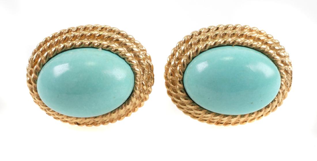 MAZ, 14K Gold and Turquoise Earrings: Turquoise cabochons set in a 14k gold rope frame. Each marked "MAZ" and measures 3/4" tall. Overall weight is 9.6g. Excellent condition with no damage or repairs.