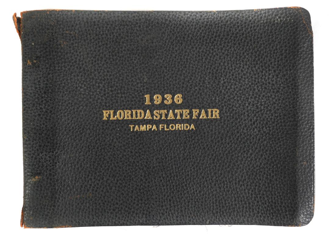 BURGERT Photo Album 1936 Florida State Fair: Leather bound album stamped "1936 Florida State Fair, Tampa Florida" on cover. Burgert Brothers silver seal on inside of cover. 83 pages of photographs, all cloth backed and bound. All 7-1/2" x 9-1/2"