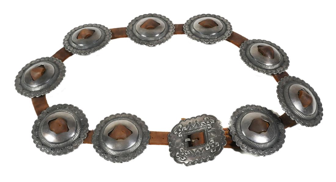 HENRY MORGAN Navajo CONCHO Belt Sterling: Vintage sterling silver concho belt, signed H. Morgan (Harry or Henry). Buckle and nin conchos measuring 3" in diameter. Belt designed to fit waist size 38" to 42".