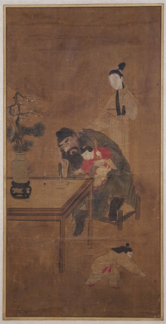 Antique Chinese Scroll Painting: Antique Chinese scroll painting showing a man holding and feeding a small child, while a young boy lights firecrackers in the foreground. Likely circa 19th century or before. No visible signature, how