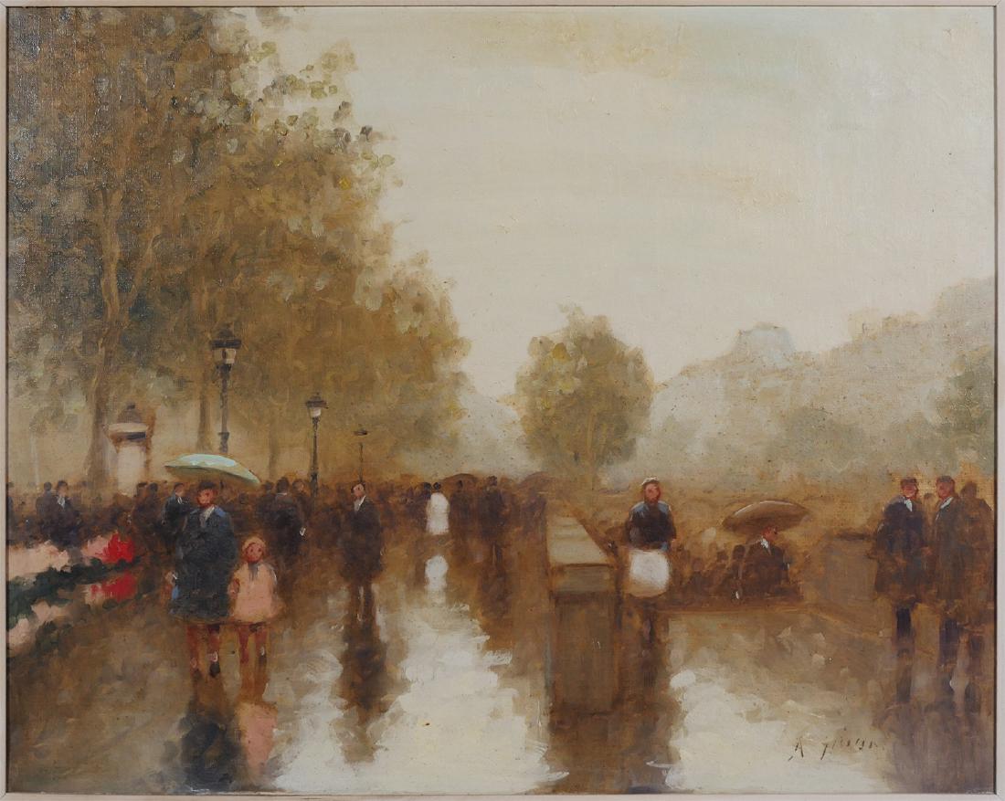ANDRE GISSON, Oil on Canvas, Paris Street: Oil on canvas Paris street scene by Andre Gisson (American, 1921-2003). Signed at lower right. Measures 16" x 20", nicely framed to 23" x 27". Excellent condition with no visible damage or repairs.