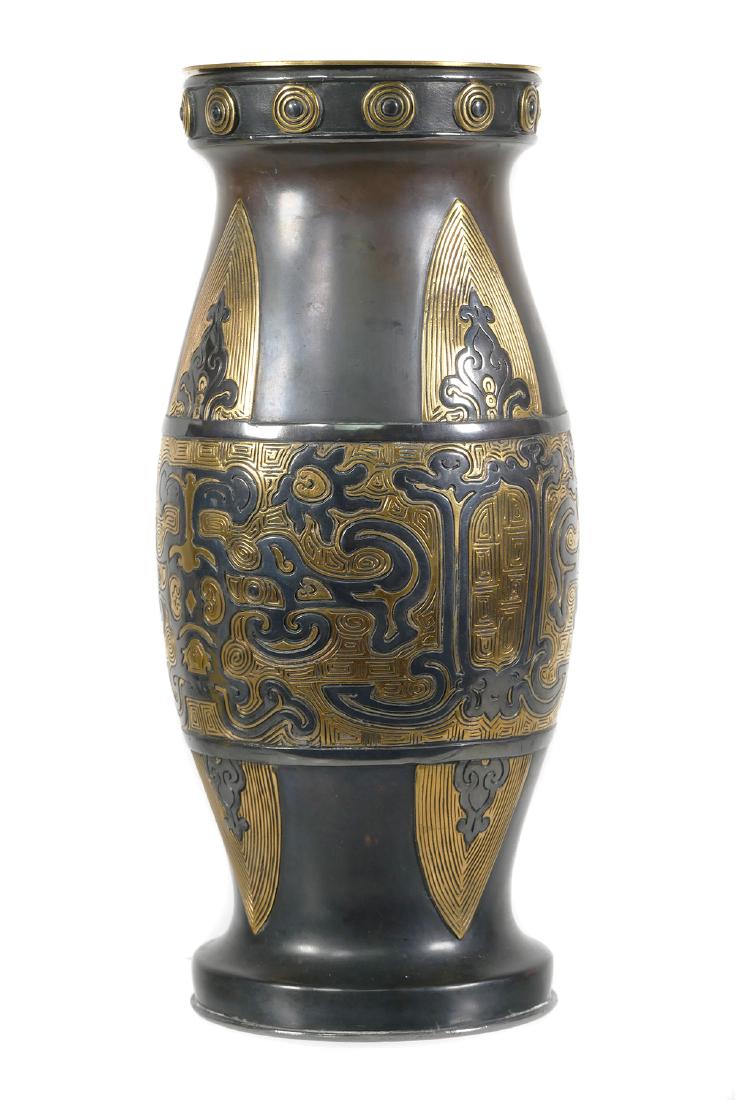 CHRISTOFLE Reiber 1870s Bronze Vase: Exquisite and rare antique Christofle et Cie Chinese archaic-style patinated, silvered and gilt bronze vase, measuring 10-1/4" high. Fine, original unpolished patina. Designed by Emile Auguste Reiber.