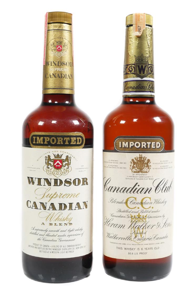 (2) Sealed Canadian Whiskey Bottles, 1960s: Two 4/5-quart bottles of Canadian Whiskey, including a bottle of Canadian Club with import lable marked 1967 and one bottle of Windsor Supreme circa 1960s. Both sealed with original labels attached. C