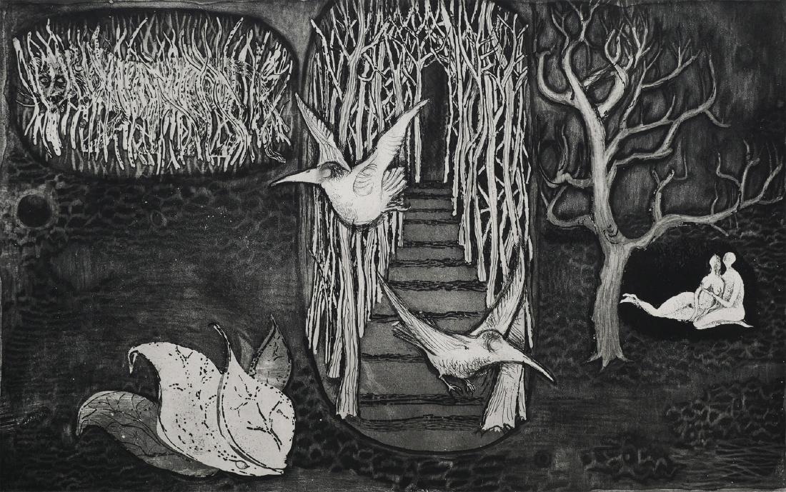 LARS BO, Surrealist Etching, Nudes & Birds: Etching by Lars Bo (Danish, 1924-1999). Birds in flight in a dark forest. Sheet measures 15 1/2" x 23". Unframed. Pencil signed and limited (EA 2/5) in lower margin. Minor foxing in right margin. Wear