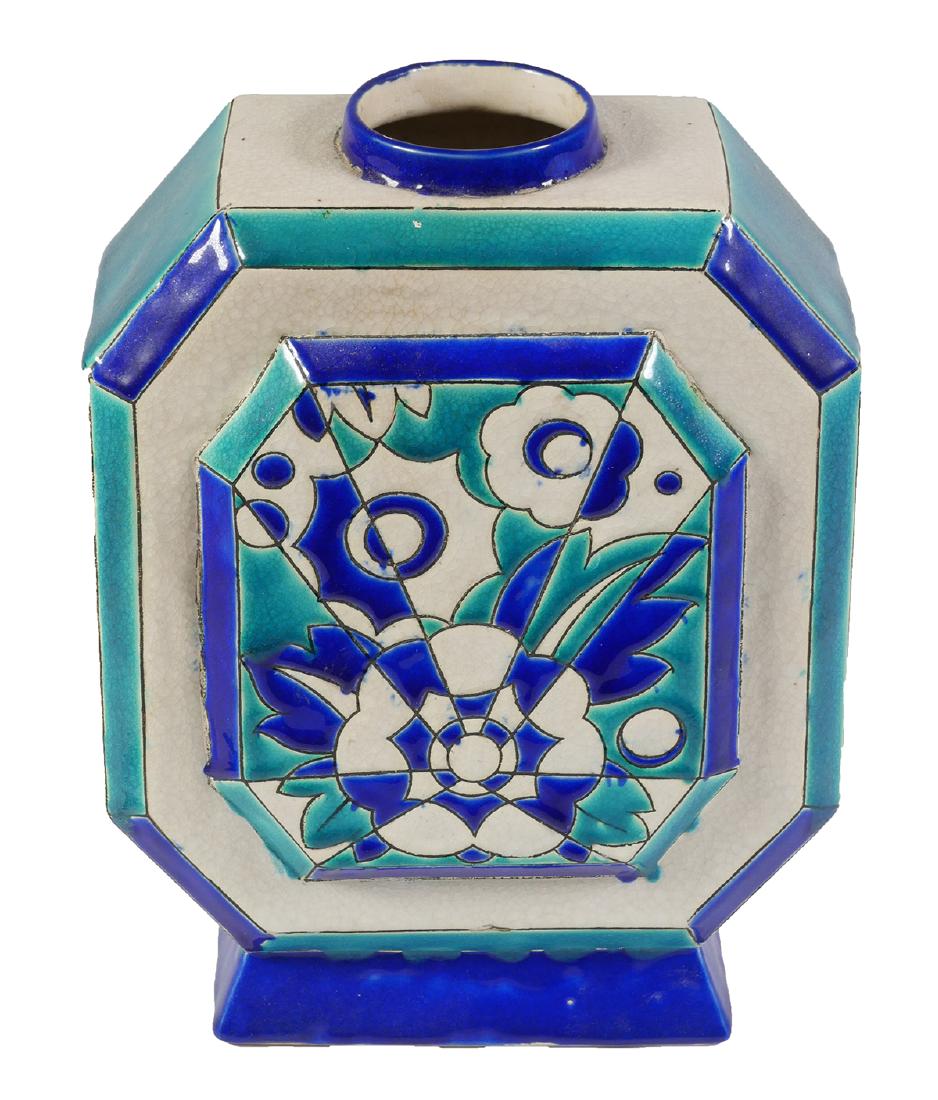 BOCH FRERES Charles Catteau, Art Deco Vase: Boch Freres Keramis, three-color vase with stylized floral designs, by Charles Catteau, circa late 1920s. Measures 10-3/4" high. Typical crazing with toning as shown in images, and no chips, cracks or