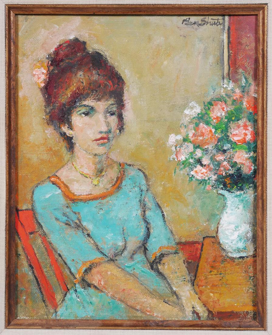 BEN SHUTE, Encaustic Painting, Portrait: Encaustic and oil on canvas by Ben Shute (American, 1905-1986), portrait of a woman with flowers. Signed at top right. Measures 10" x 8", framed to 16" x 14". Dated verso 1/31/84. Excellent condition
