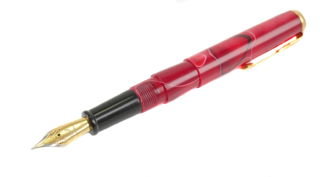 BEXLEY Red Jitterbug 3901 F Nib Fountain Pen: BEXLEY jukebox red Jitterbug collection #3901 F nib fountain pen. Gold plated steel two tone nib is marked with cursive "B", Bexley, F. Pen measures approx. 3 7/8" capped. Metal box and care instructi