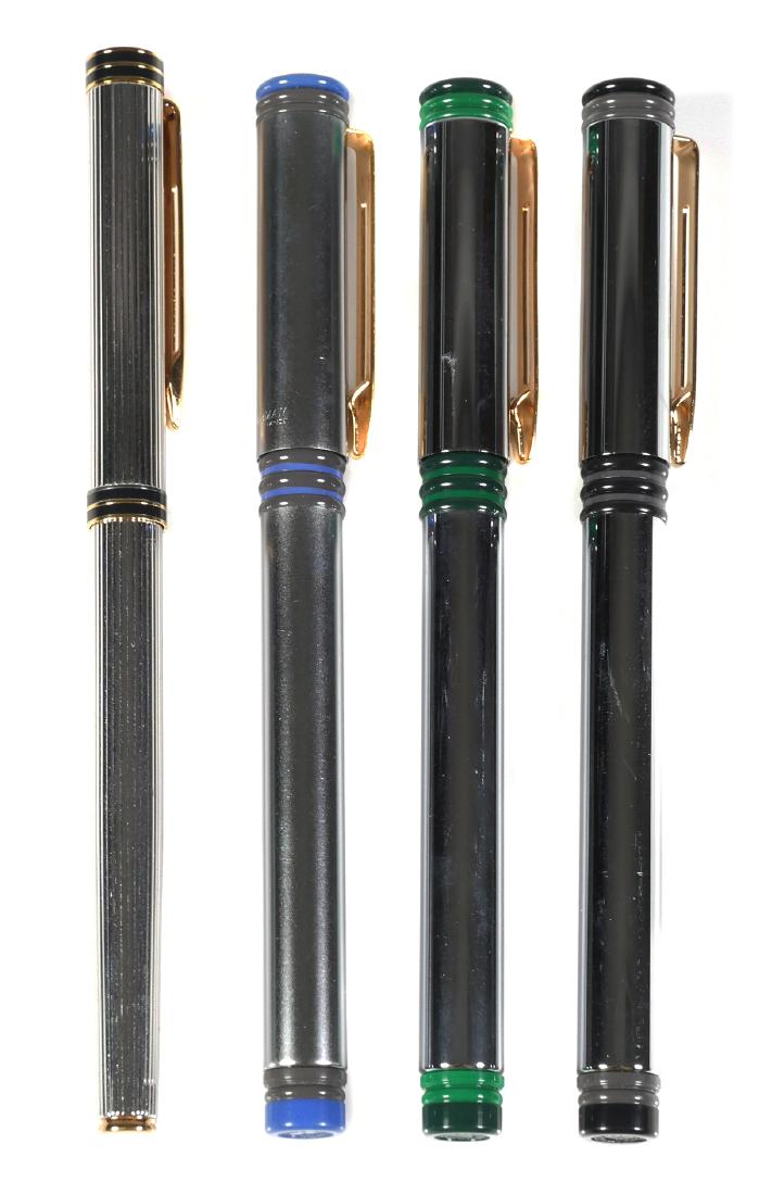 Four Vintage WATERMAN Forum Chrome Fountain Pens: Four vintage Waterman pens. Three Waterman Forum chrome pens with gold Waterman France fine nibs, approx. 5 3/8" capped and one Waterman chrome ribbed fountain pen with 18K gold nib, approx. 5 9/16" c