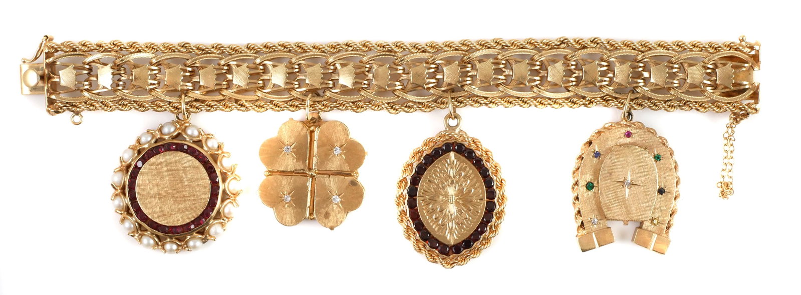 14k Gold Charm Bracelet Locket Pendants: Vintage charm bracelet in 14k yellow gold with four locket charms, two with garnets. Excellent condition -- lids all hold very securely. No personalization or monograms. Total weight 95.2 grams. PLEAS