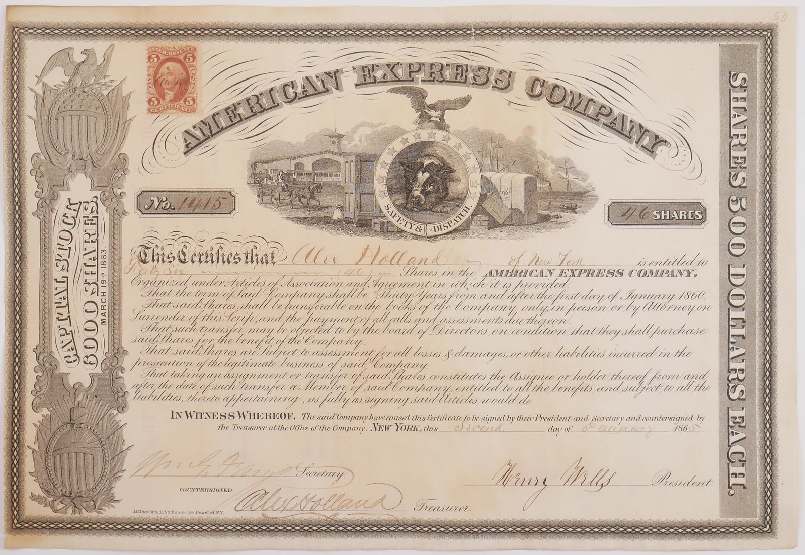Henry WELLS & William FARGO Signed Stock Cert: Original stock certificate hand-signed by Henry Wells and William G. Fargo. 12" x 8-1/4". Engraved stock certificate is for 46 shares in the American Express Company. It was issued on January 2, 1865,