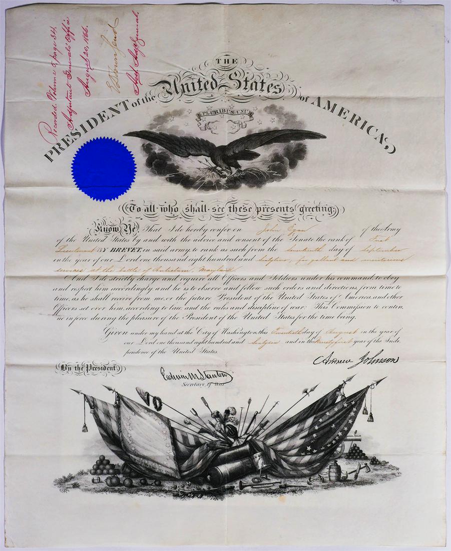 ANDREW JOHNSON Promotions of Union War Hero: Four documents from the office of the president, including three Brevet promotions, recognizing John Egan, of the 1st US Artillery, for gallantry and merit in the battles of Antietam, Gettysburg and C