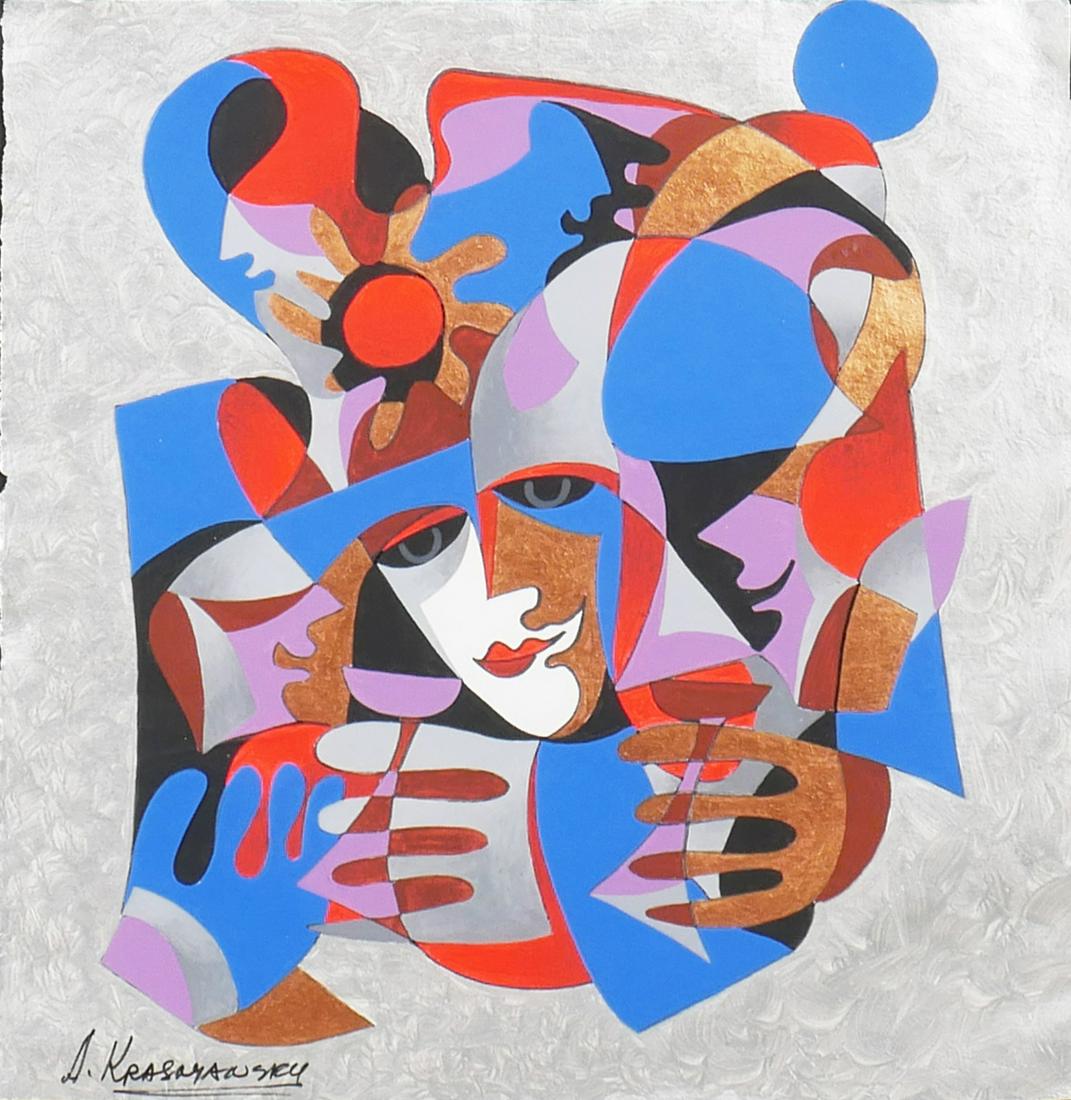 ANATOLE KRASNYANSKY, Mixed Media Original: Original watercolor and acrylic harlequin painting on paper by Anatole Krasnyansky (Ukrainian/American, b. 1930). Signed at lower left. Nicely framed. Excellent condition with no damage. Sheet size is