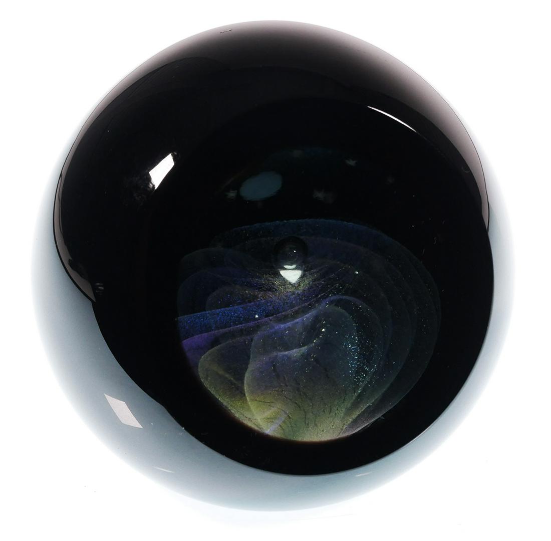 STUART ABELMAN Paperweight Space Planets & Stars: Stuart Abelman art glass paperweight depicting planets & stars in space. Signed "Abelman GESP3-98 1999" on bottom edge. Designed to be lighted from the base. No cracks, chips or repairs. Light shelf w