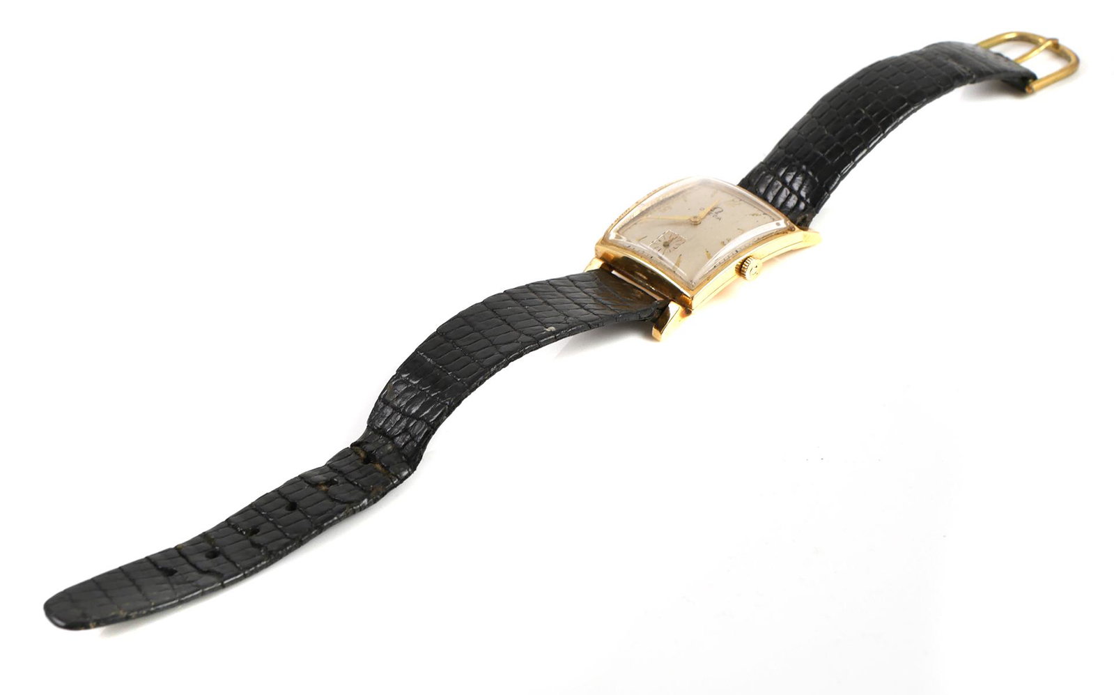 OMEGA WADSWORTH 14k Gold Watch: Vintage 1940s Omega Wadsworth 14k gold mens (or unisex) wristwatch. Runs when wound. 17j Omega movement. Unusual curved square case. Measures right at 1" wide.