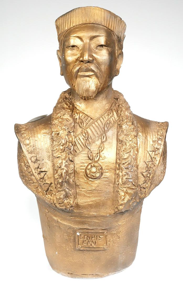 Genghis Khan, Life-Size Ceramic Bust, Hand Made: A hand made ceramic bust of Mongolian Emperor Genghis Khan. Marked "© Comanche, 6-11-95, Omar." Appears to be a one of a kind, possibly made as a movie prop. Painted to appear gold or bronze. Very go