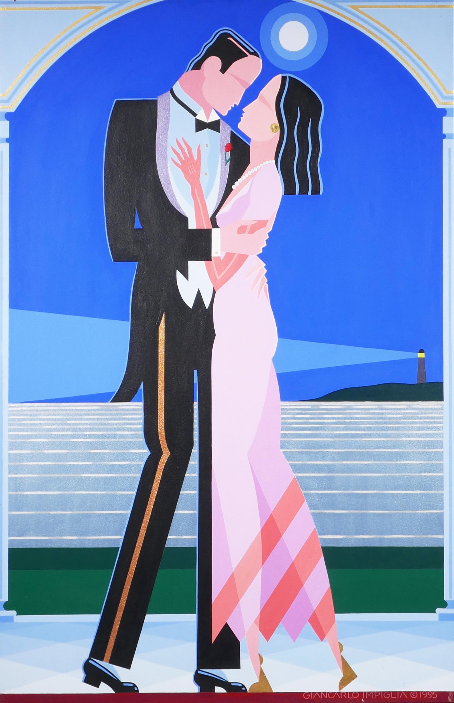 GIANCARLO IMPIGLIA, Original Painting, Dancers: Original painting on board by Giancarlo Impiglia (b. 1940) titled "Slow Dancing II." Signed and dated 1995 at lower right. Signed, dated and titled verso. Very good condition with one small blemish at