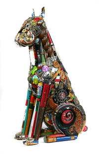 LEO SEWELL Large Dog, Found Object Sculpture: Found object dog sculpture by Leo Sewell (American, b. 1945). Life sized statue comprised of found objects. Signed and dated to 1997. Sculpture measures approximately 31".