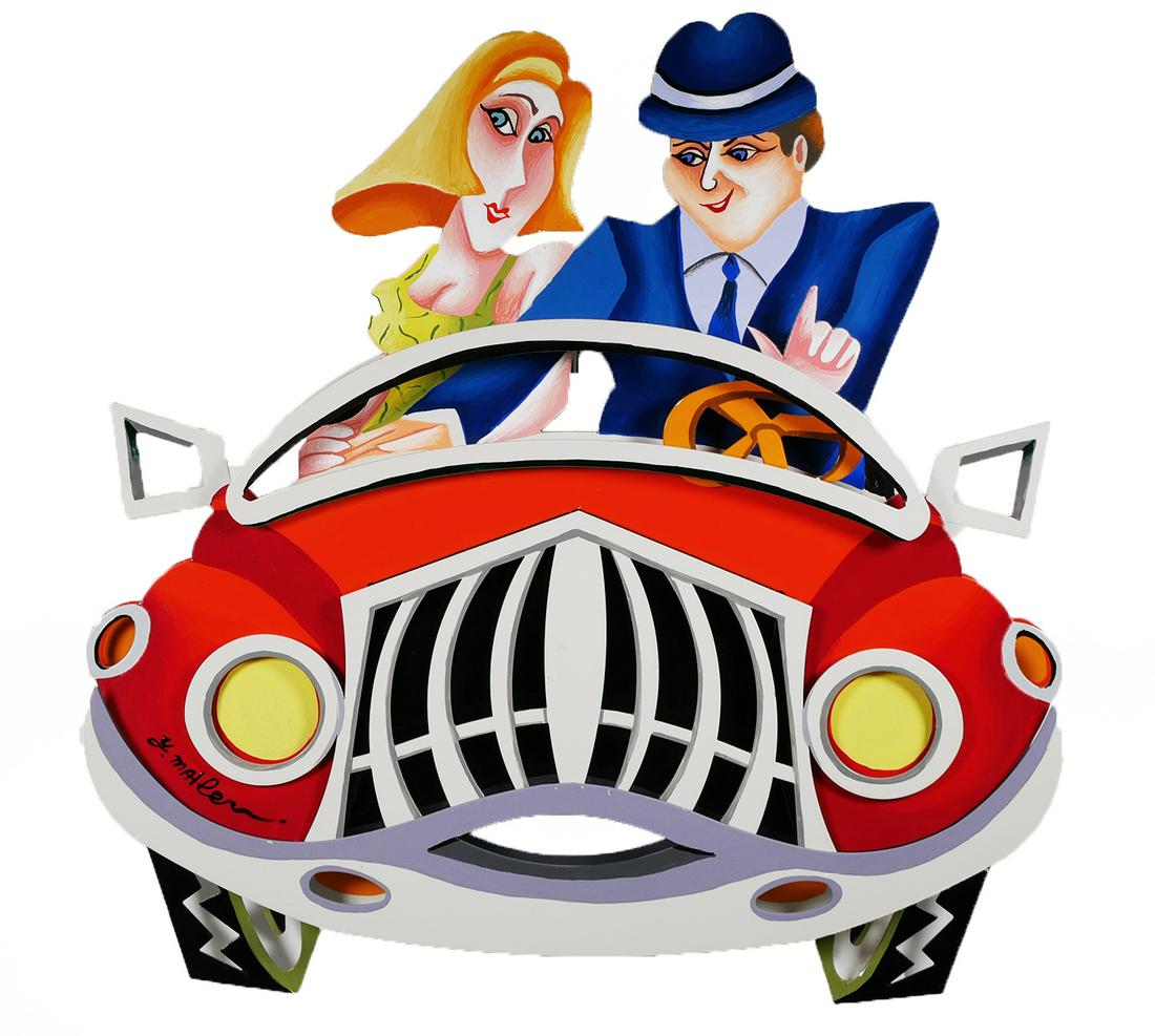 YUVAL MAHLER, Painted Metal Wall Sculpture: Painted metal wall sculpture by Yuval Mahler (Israeli, b. 1951). Shows a man and a woman in a driving in a convertible. Signed "Y. Mahler" at lower left. Excellent condition with no damage. Measures 2