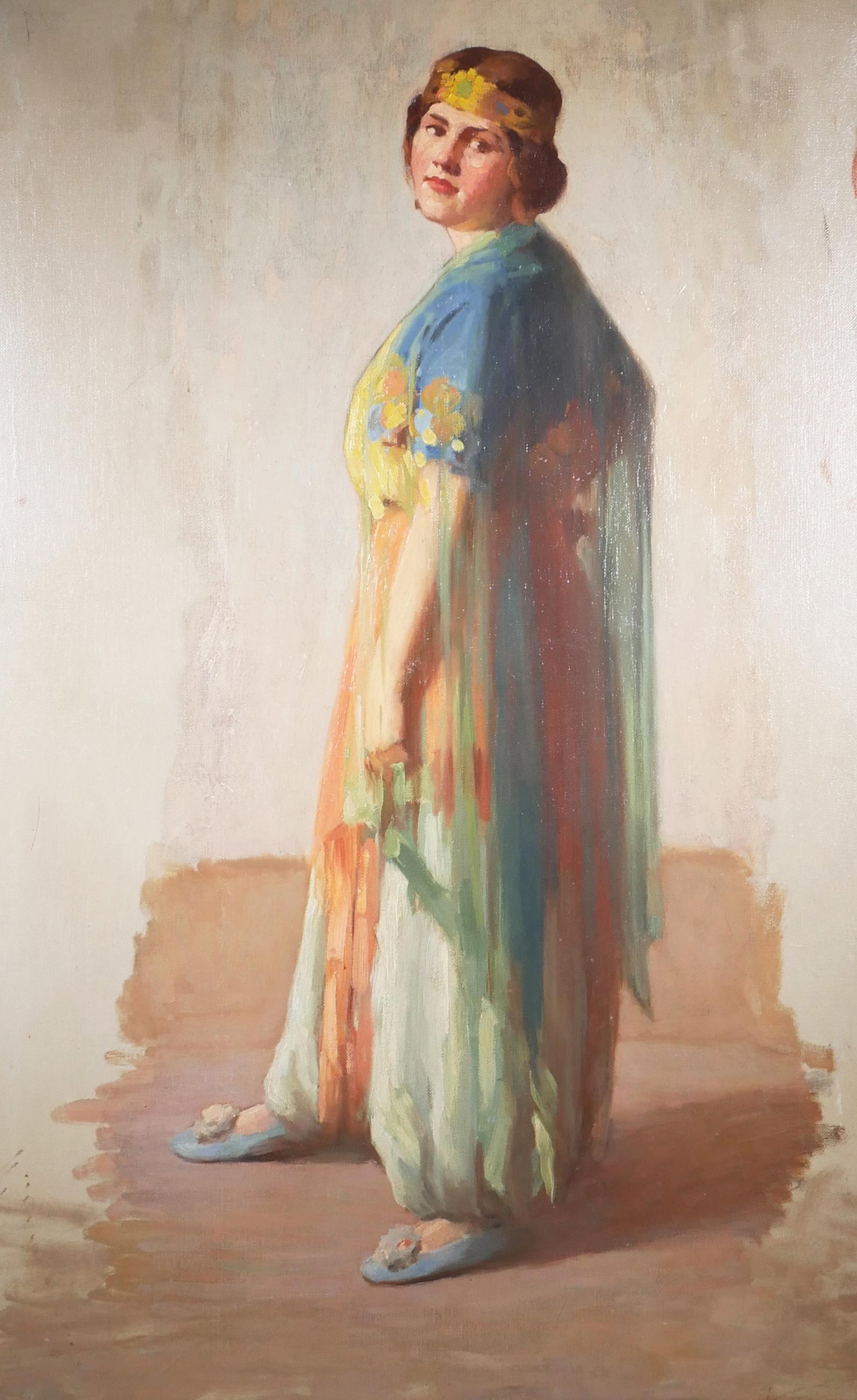 HOOVER, Oil on Canvas, Flapper: Early 20th century oil on canvas painting of a young girl in fancy dress with a gold floral headband, circa 1920s. Signed "Hoover" at lower right. Artist unknown. Very good condition with minor wear.