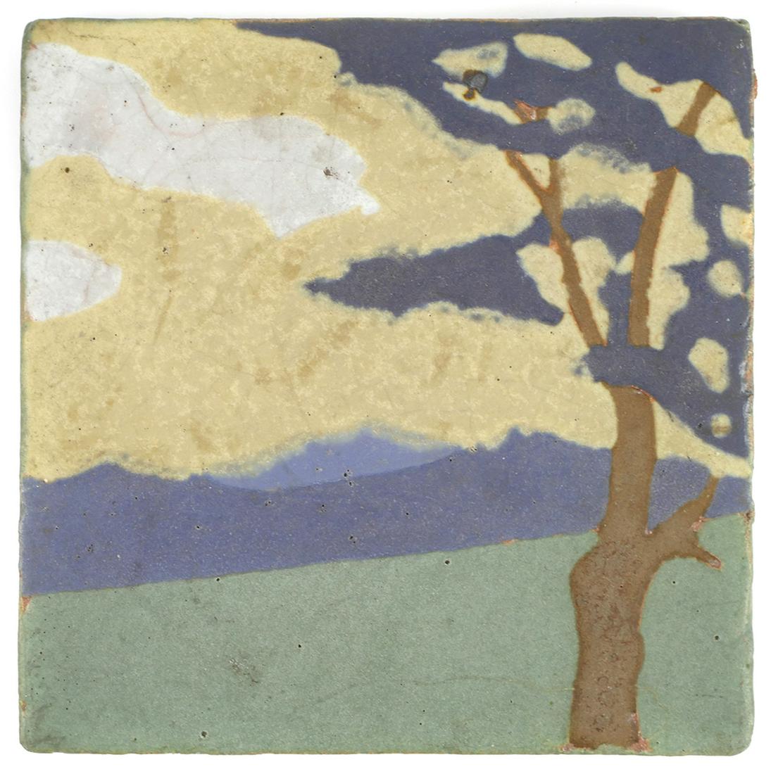Arts & Crafts Period Landscape Tile, Grueby: Fine circa 1910 Arts & Crafts period art pottery landscape tile or trivet. Sides are also glazed. Approx. 6 1/8" square x 13/16". There are no apparent impressed marks. There is some division here abo