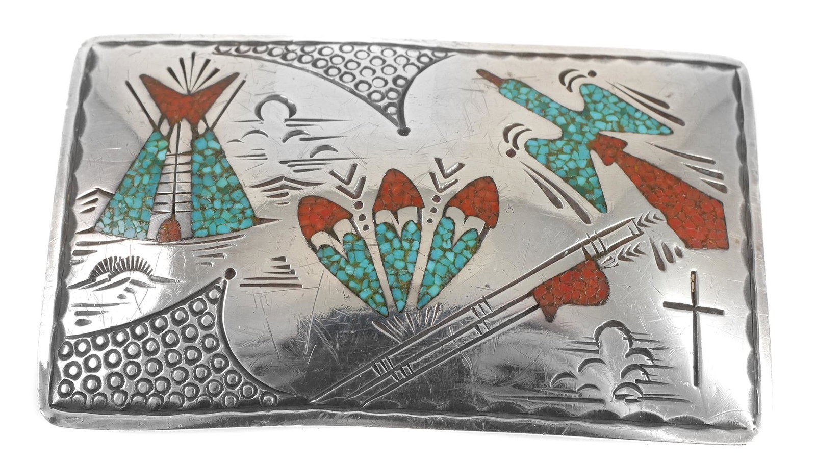 TOMMY SINGER Sterling Silver Navajo Buckle: Inlaid turquoise mosaic sterling silver belt buckle by master Navajo silversmith Singer, circa 1970s. Weighs 56 grams. 3-1/4" x 1-7/8", fits 1-3/8" wide belt.