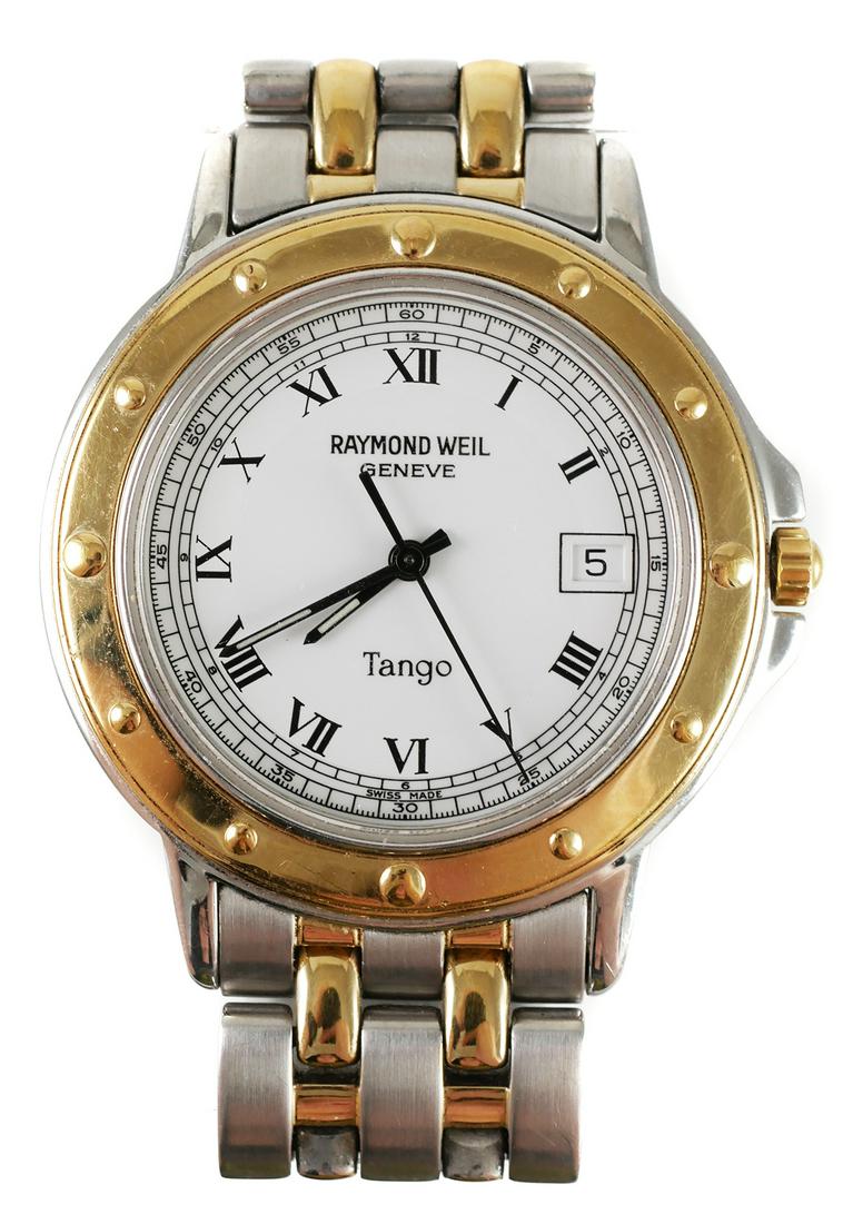 RAYMOND WEIL Men's Tango Wrist Watch: Classic steel and gold Raymond Weil "Tango" men's watch with original box. Case measures about 1-3/8" diameter. Fine condition. Needs new battery.