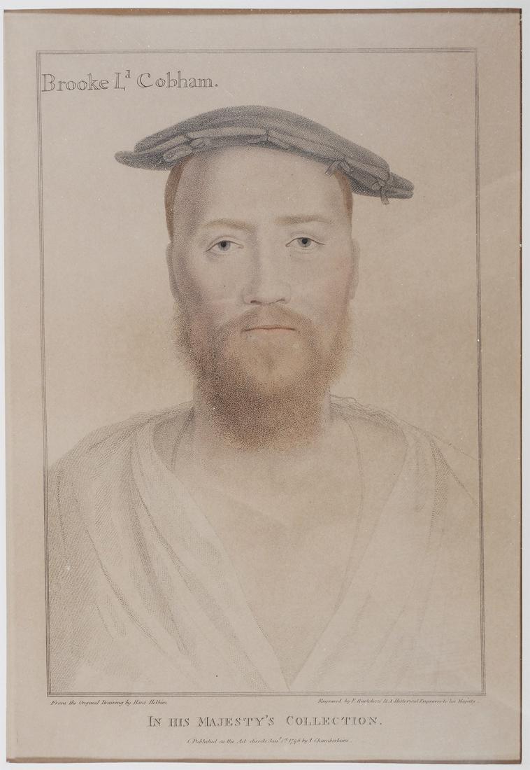 (3) BARTOLOZZI, Colored Portrait Engravings: Three hand colored stipple engraving portraits of nobility by Francesco Bartolozzi (Italian, 1725-1818) including William Sharington, Edward Stanley Earle of Darbey and Brooke La Cobham. Very good con