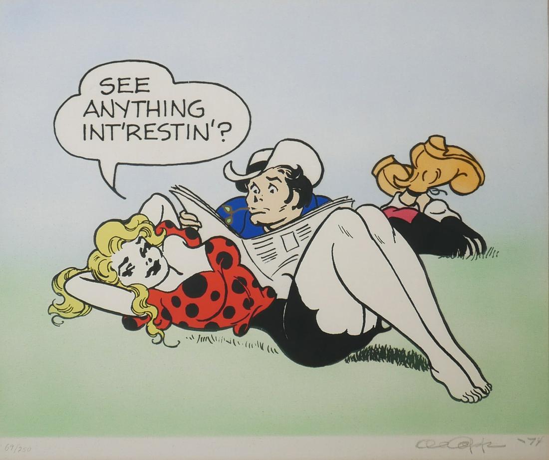 AL CAPP, Limited Edition Lithograph: Lithograph showing characters from "Li'l Abner." Numbered 69/250. Signed by illustrator Al Capp and dated to1974 in pencil at the lower margin. Image shows Daisy Mae saying "See Anything Int'restin'?"